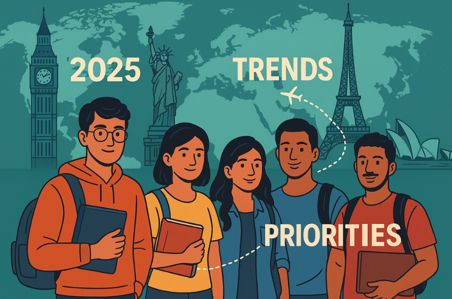 Illustration of Indian students with global landmarks and a flight path showing 2025 study abroad trends and priorities.