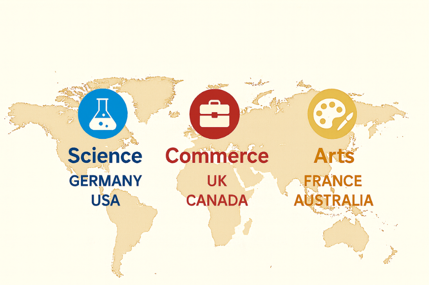 Visual map showing science, commerce, and arts icons positioned over key global regions, Germany, UK, France, USA, Canada, Australia.
