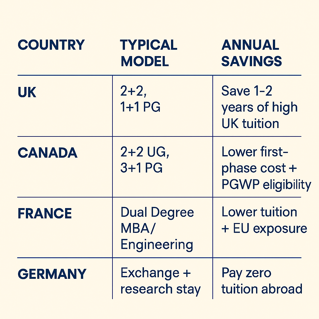 Table infographic comparing UK, Canada, France and Germany exchange or twinning models and their annual savings for Indian students.