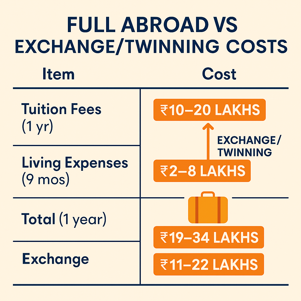Comparison infographic showing the cost difference between full study abroad and exchange/twinning programs for Indian students.