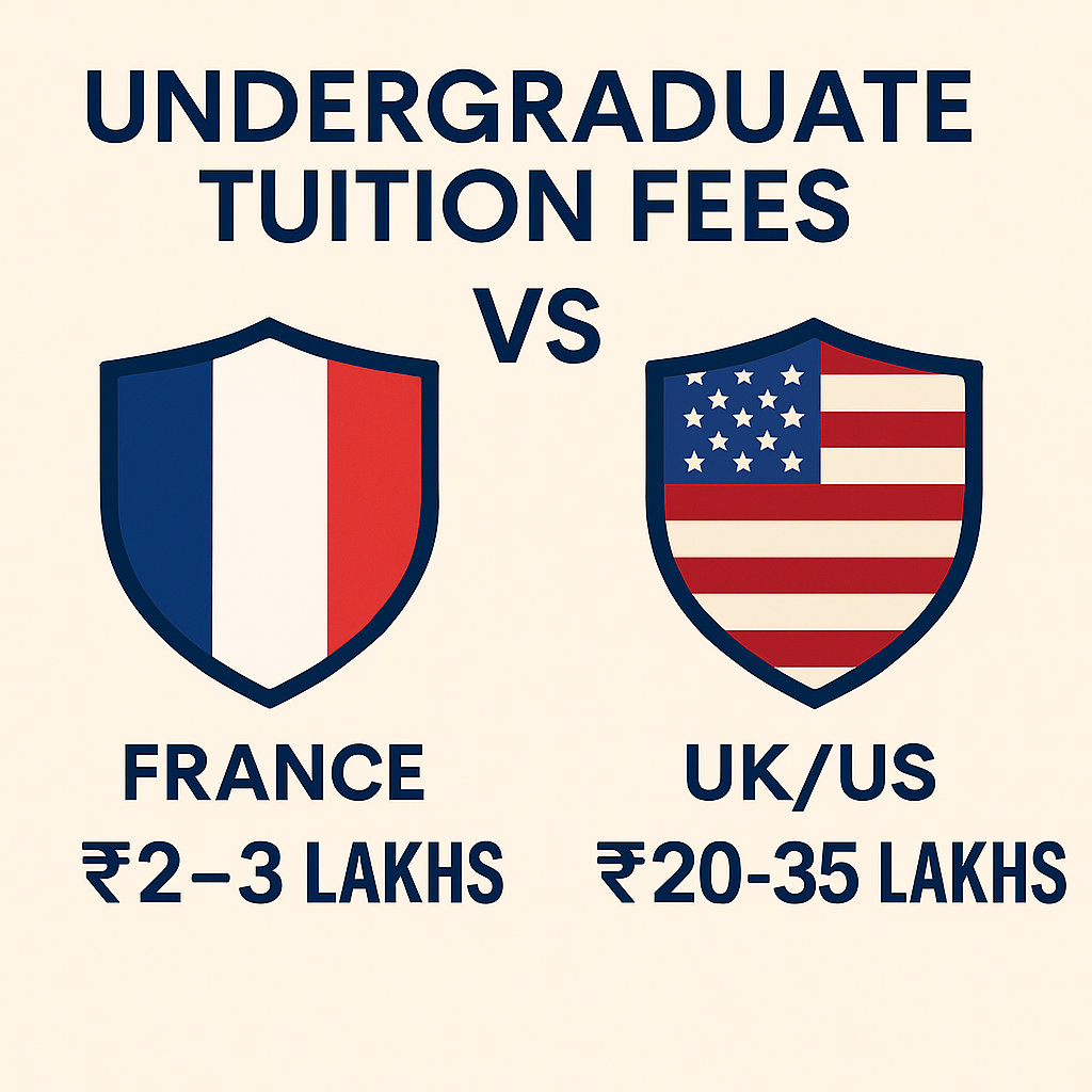 Infographic comparing undergraduate tuition fees in France versus the UK and US, showing France at ₹2–3 lakhs and UK/US at ₹20–35 lakhs per year.