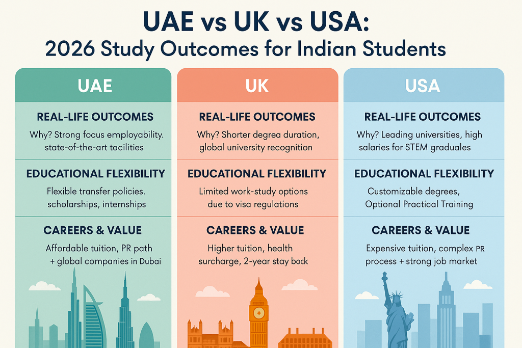 Infographic comparing study outcomes for Indian students in UAE, UK, and USA in 2026 across three categories: real-life outcomes, educational flexibility, and career value.