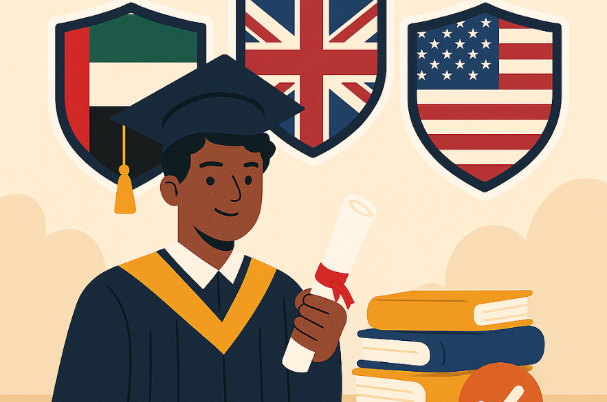 Indian graduate holding a diploma with UAE, UK, and USA flags in the background.