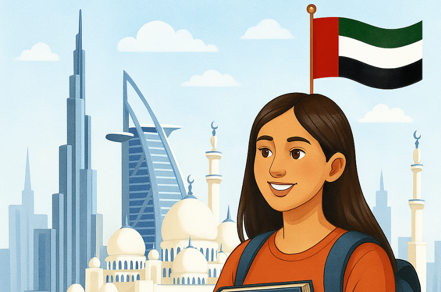 Indian female student smiling with books in front of UAE landmarks and national flag.